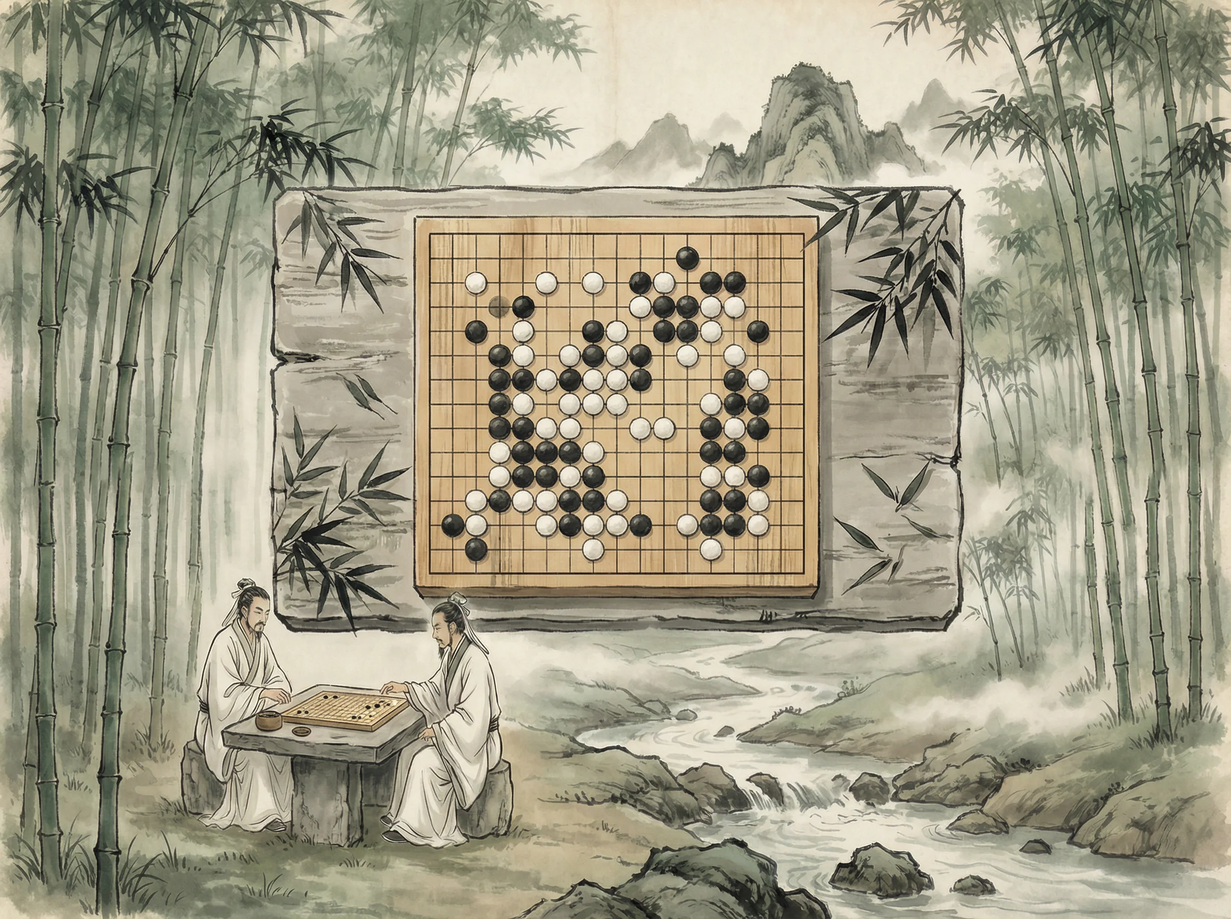 竹林悟道局 天元棋牌 棋盘布局，黑白子对峙